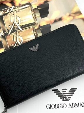 Giorgio Armani Black Pebbled Leather Zip-Around Wallet with Silver Logo